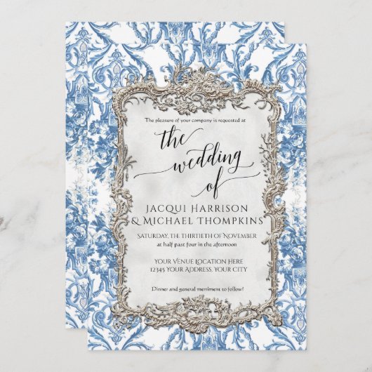 ヴィンテージバロックフローラブルーホワイトシルバー結婚ズ 招待状 (正面/裏面)