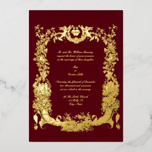 ヴィンテージバロックロココゴールデン縁どとハート 箔招待状 (正面)