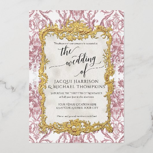 ヴィンテージバロックロココフローラダスティピンクゴールドフォイル 箔招待状 (正面)