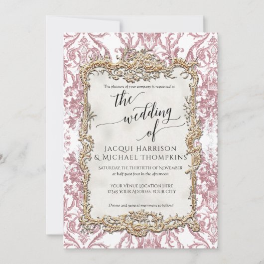 ヴィンテージバロックロココフローラピンクnホワイト結婚ズ 招待状 (正面)