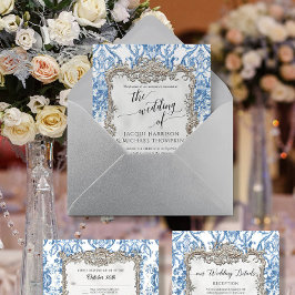 ヴィンテージバロックロココフローラブルーホワイトシルバー 箔招待状