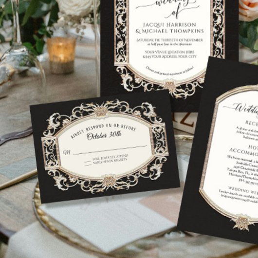 ヴィンテージバロックロココ白黒n金ゴールド結婚ズ 出欠カード