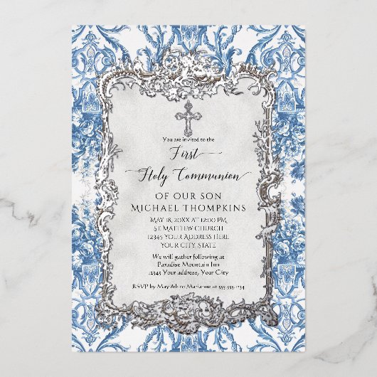 ヴィンテージバロック様式ブルーホワイトシルバー聖餐式 箔招待状 (正面)