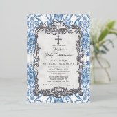 ヴィンテージバロック様式ブルーホワイトシルバー聖餐式 箔招待状 (立ち正面)