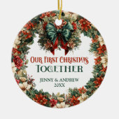 ヴィンテージバロック緑と赤リースフェスティバル セラミックオーナメント (正面)