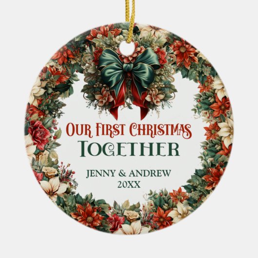 ヴィンテージバロック緑と赤リースフェスティバル セラミックオーナメント (正面)