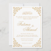 ヴィンテージバロック語ホワイトスクリプト金ゴールドムスリム結婚ズ 招待状 (正面)