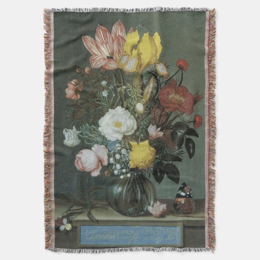 ヴィンテージバロック、花束のガラス花瓶 スローブランケット (正面縦)
