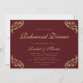 ヴィンテージバーガンディーレッドフェイク金ゴールドリハーサルディナー 招待状 (正面)
