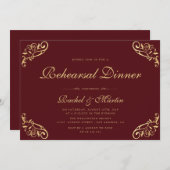 ヴィンテージバーガンディーレッドフェイク金ゴールドリハーサルディナー 招待状 (正面/裏面)