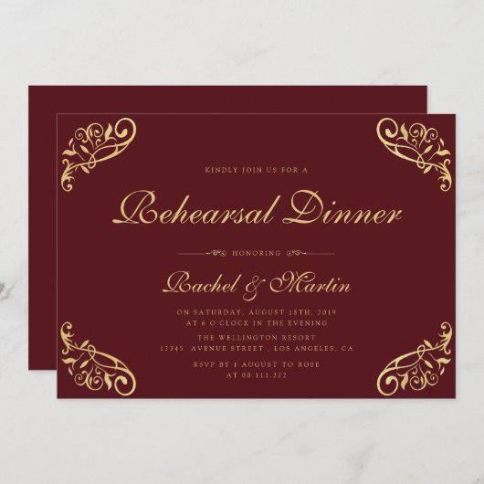 ヴィンテージバーガンディーレッドフェイク金ゴールドリハーサルディナー 招待状 (正面/裏面)