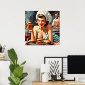 ヴィンテージバーガーBBQ女性 ポスター (ホームオフィス)