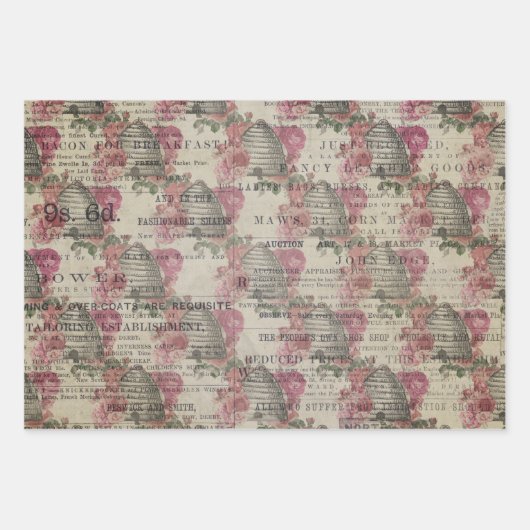 ヴィンテージバーギンディービー花ミックスとマッチ ラッピングペーパーシート (正面3)