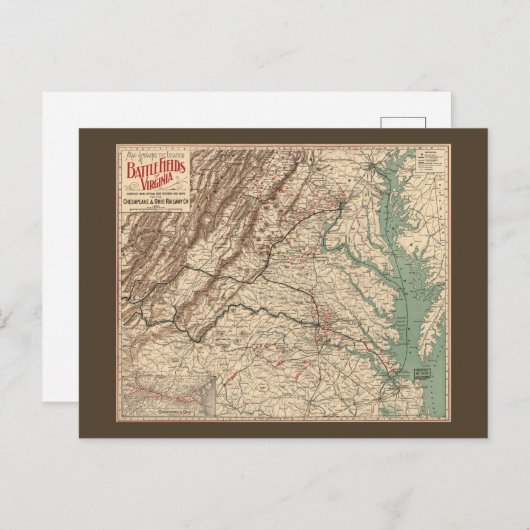 ヴィンテージバージニア南北戦争バトルフィールドマップ, 1895 ポストカード (正面/裏面)