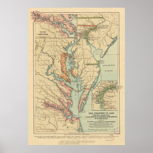 ヴィンテージバージニア州とメリーランド州の植民地の地図(1905年) ポスター (正面)