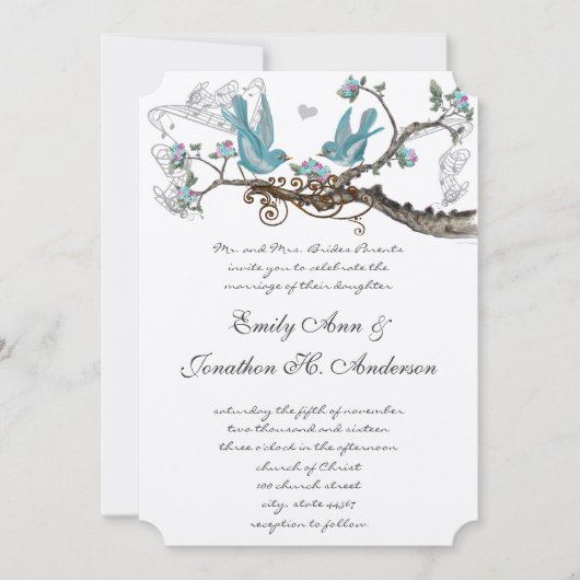 ヴィンテージバーズアクア&ホットピンクウェディング招待 招待状 (正面)