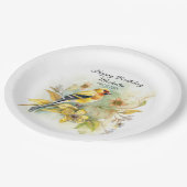 ヴィンテージバーズイエローゴールドフィンチハッピーバースデー名 ペーパープレート (アングル)