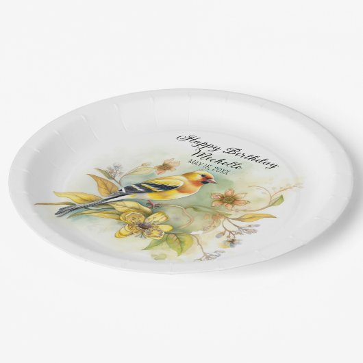ヴィンテージバーズイエローゴールドフィンチハッピーバースデー名 ペーパープレート (アングル)