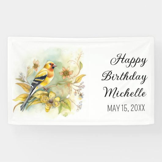 ヴィンテージバーズイエローゴールドフィンチハッピーバースデー名 横断幕 (横)