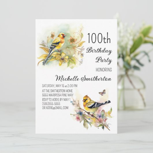 ヴィンテージバーズイエローゴールドフィンチ100誕生日 招待状 (スタンド正面)