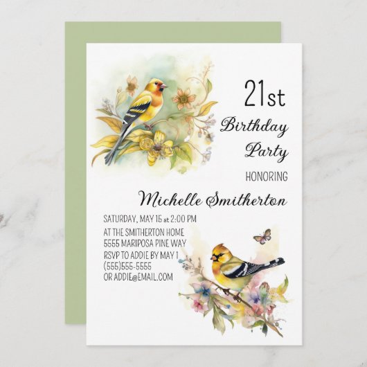 ヴィンテージバーズイエローゴールドフィンチ21歳の誕生日 招待状 (正面/裏面)