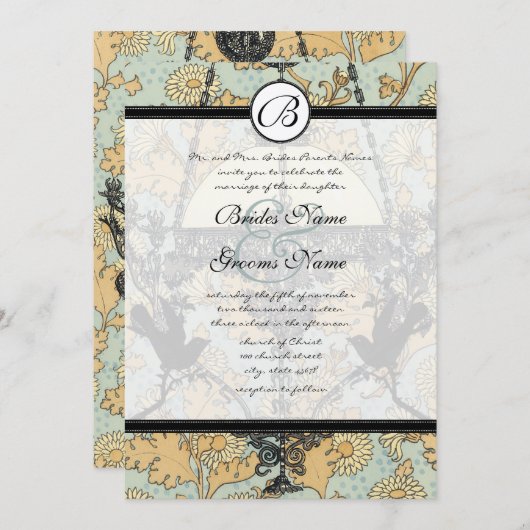 ヴィンテージバーズダマスクシャンデリア結婚式招待状 招待状 (正面/裏面)