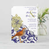 ヴィンテージバーズネイビーエンダイブダマスクの結婚式 招待状 (スタンド正面)