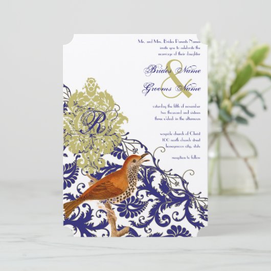 ヴィンテージバーズネイビーエンダイブダマスクの結婚式 招待状 (スタンド正面)