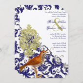 ヴィンテージバーズネイビーエンダイブダマスクの結婚式 招待状 (正面/裏面)