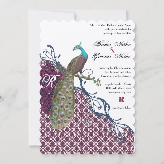 ヴィンテージバーズネイビー深いラズベリーダマスウェディング 招待状 (正面)
