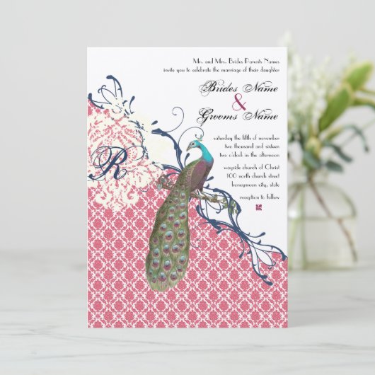 ヴィンテージバーズネイビー深いラズベリーダマスウェディング 招待状 (スタンド正面)