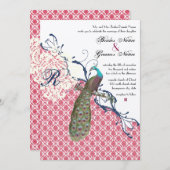 ヴィンテージバーズネイビー深いラズベリーダマスウェディング 招待状 (正面/裏面)