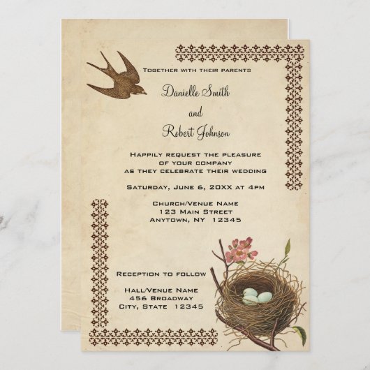 ヴィンテージバーズネストカスタムウェディング招待状 招待状 (正面/裏面)