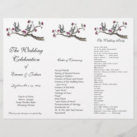 ヴィンテージバーズピンクフローラ3折結婚式 プログラム (正面)