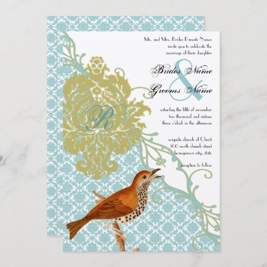 ヴィンテージバーズラグーンエンダイブダマスウェディング 招待状 (正面/裏面)