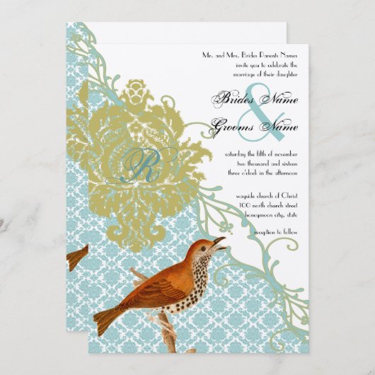 ヴィンテージバーズラグーンエンダイブダマスウェディング 招待状 (正面/裏面)