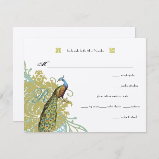 ヴィンテージバーズラグーンエンダイブダマスウェディングRSVP 出欠カード (正面/裏面)