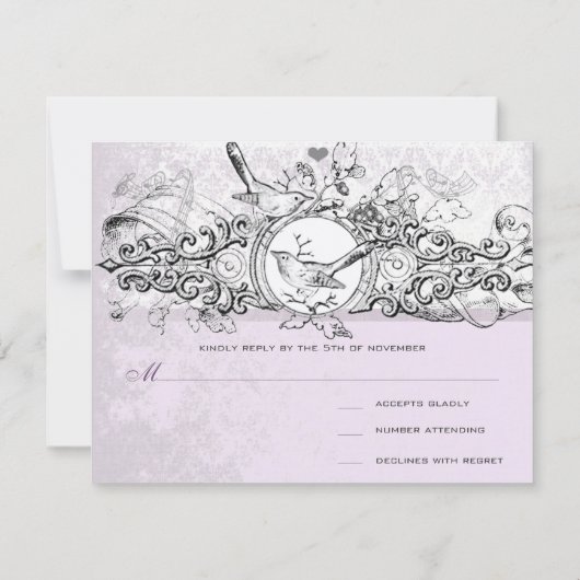 ヴィンテージバーズラベンダーミュージカルスクロールウェディングRSVP 出欠カード (裏面)