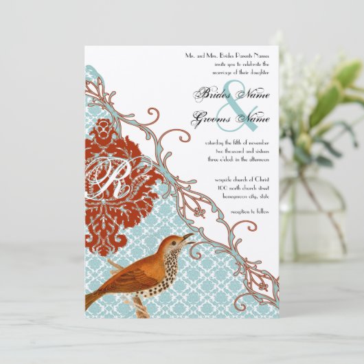ヴィンテージバーズレッドエンダイブダマスクの結婚式 招待状 (スタンド正面)