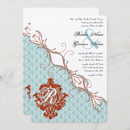 ヴィンテージバーズレッドエンダイブダマスクの結婚式 招待状 (正面/裏面)