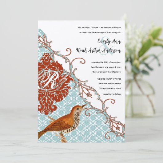 ヴィンテージバーズレッドエンダイブダマスクの結婚式 招待状 (スタンド正面)