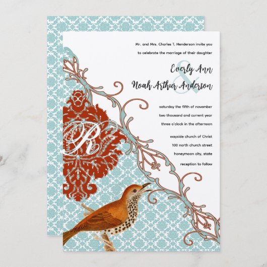 ヴィンテージバーズレッドエンダイブダマスクの結婚式 招待状 (正面/裏面)