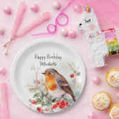 ヴィンテージバーズロビンレッドブレストハッピーバースデー名 ペーパープレート (パーティー)