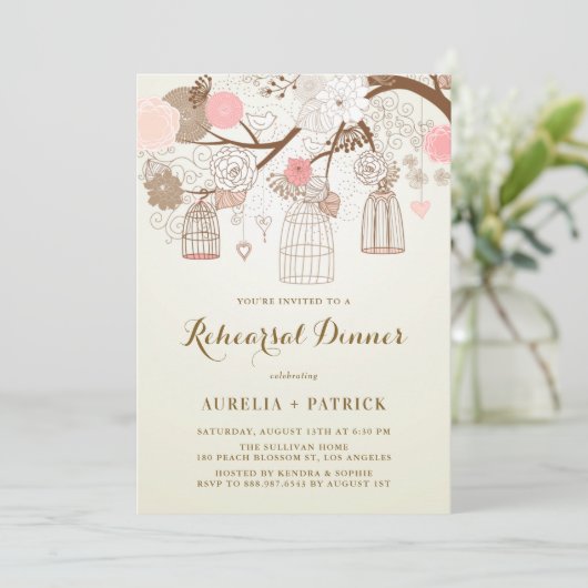 ヴィンテージバーダージズピンクと茶色のリハーサルディナー 招待状 (スタンド正面)