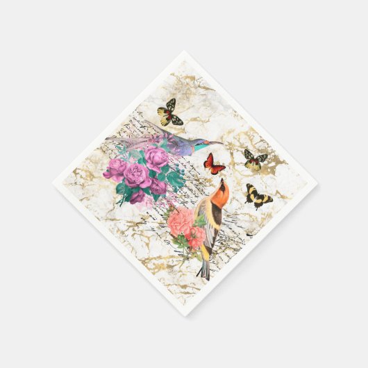 ヴィンテージバードアート、花の古い文字の切り離し スタンダードカクテルナプキン (角)