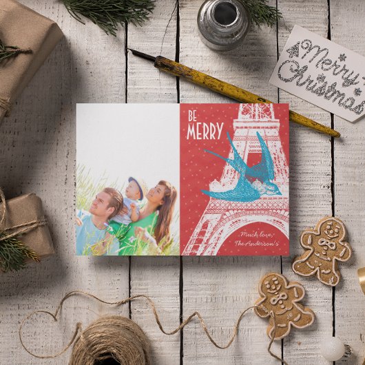 ヴィンテージバードエッフェルタワーフォトクリスマスカード シーズンカード