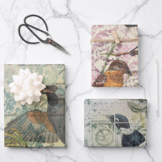 ヴィンテージバードエフエマデコップラッピング紙 ラッピングペーパーシート (正面)