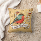 ヴィンテージバードオンスノークラッドブランチメリークリスマス クッション (ブランケット)