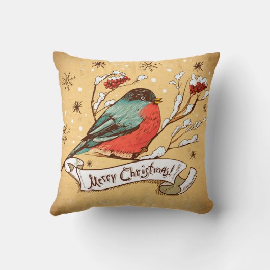 ヴィンテージバードオンスノークラッドブランチメリークリスマス クッション (裏面)