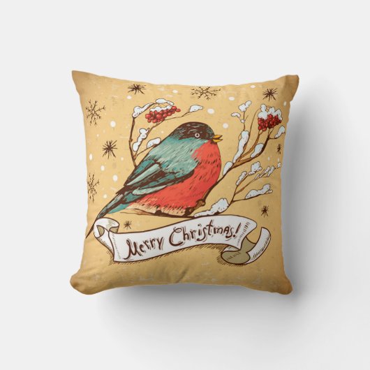 ヴィンテージバードオンスノークラッドブランチメリークリスマス クッション (正面)